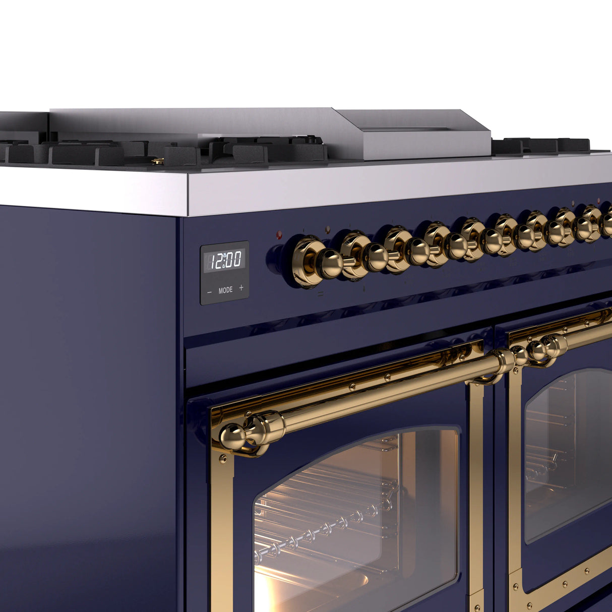 ILVE 40-Inch Nostalgie II Noblesse Propane Gas Dual Fuel Range with Triple Glass Door Oven in Midnight Blue with Brass Trim (UND40FNMPMBGLP)
