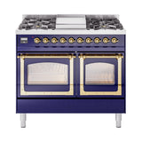 ILVE 40-Inch Nostalgie II Noblesse Propane Gas Dual Fuel Range with Triple Glass Door Oven in Midnight Blue with Brass Trim (UND40FNMPMBGLP)