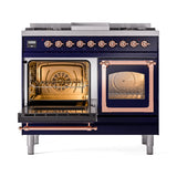 ILVE 40-Inch Nostalgie II Noblesse Natural Gas Dual Fuel Range with Triple Glass Door Oven in Midnight Blue with Copper Trim (UND40FNMPMBP)