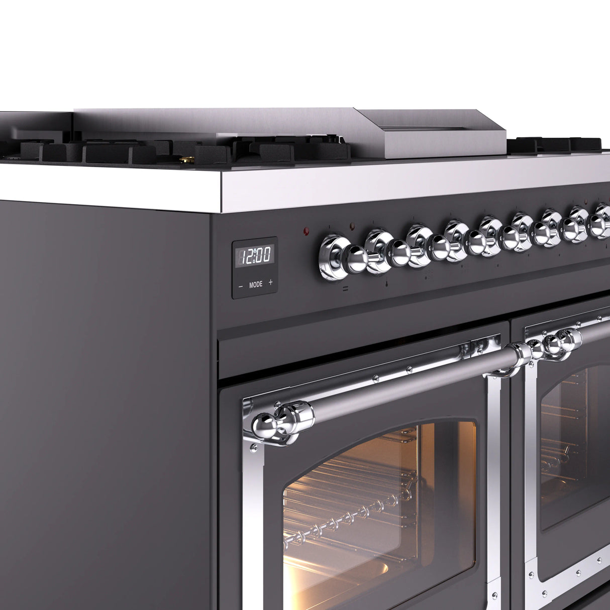 ILVE 40-Inch Nostalgie II Noblesse Propane Gas Dual Fuel Range with Triple Glass Door Oven in Matte Graphite with Chrome Trim (UND40FNMPMGCLP)