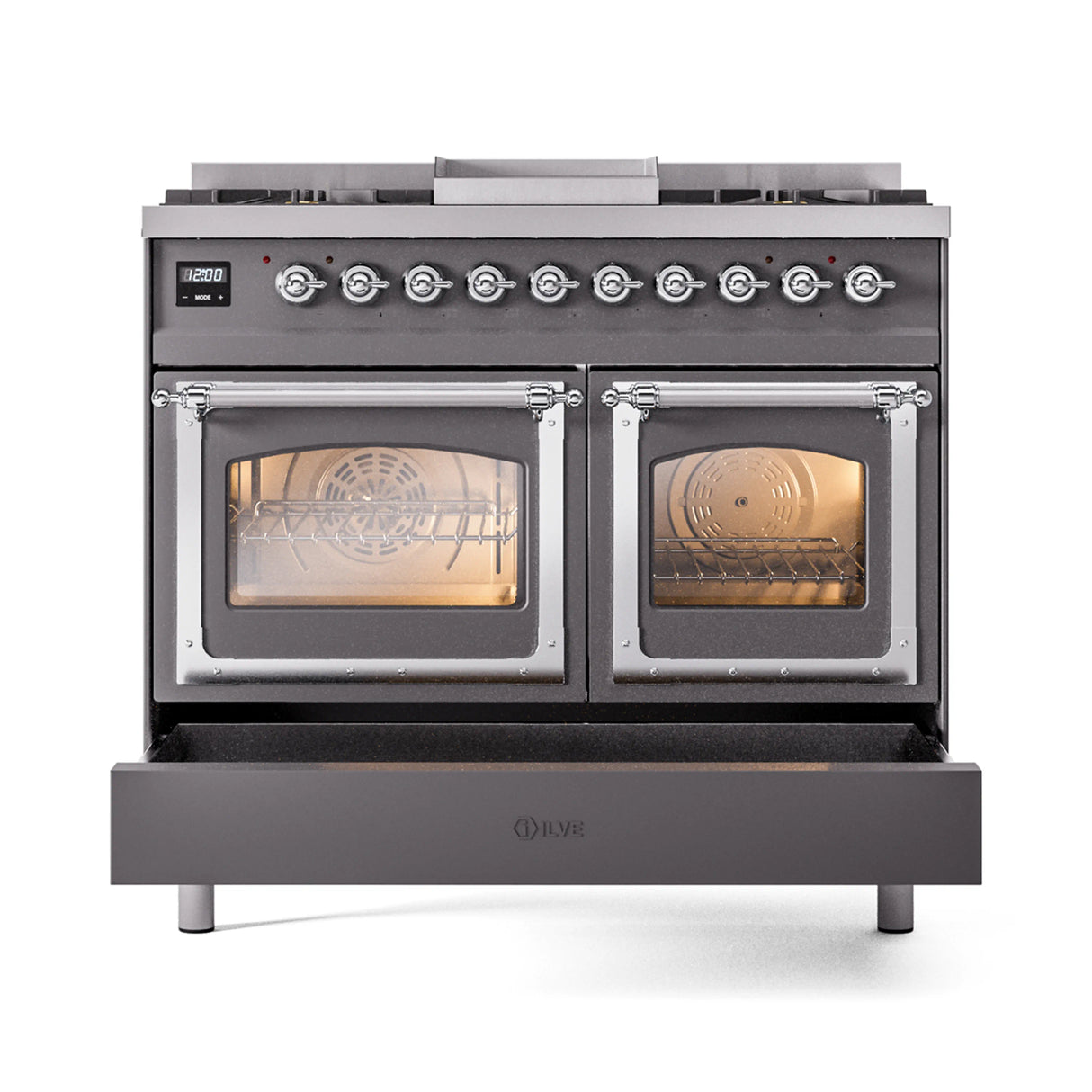 ILVE 40-Inch Nostalgie II Noblesse Propane Gas Dual Fuel Range with Triple Glass Door Oven in Matte Graphite with Chrome Trim (UND40FNMPMGCLP)