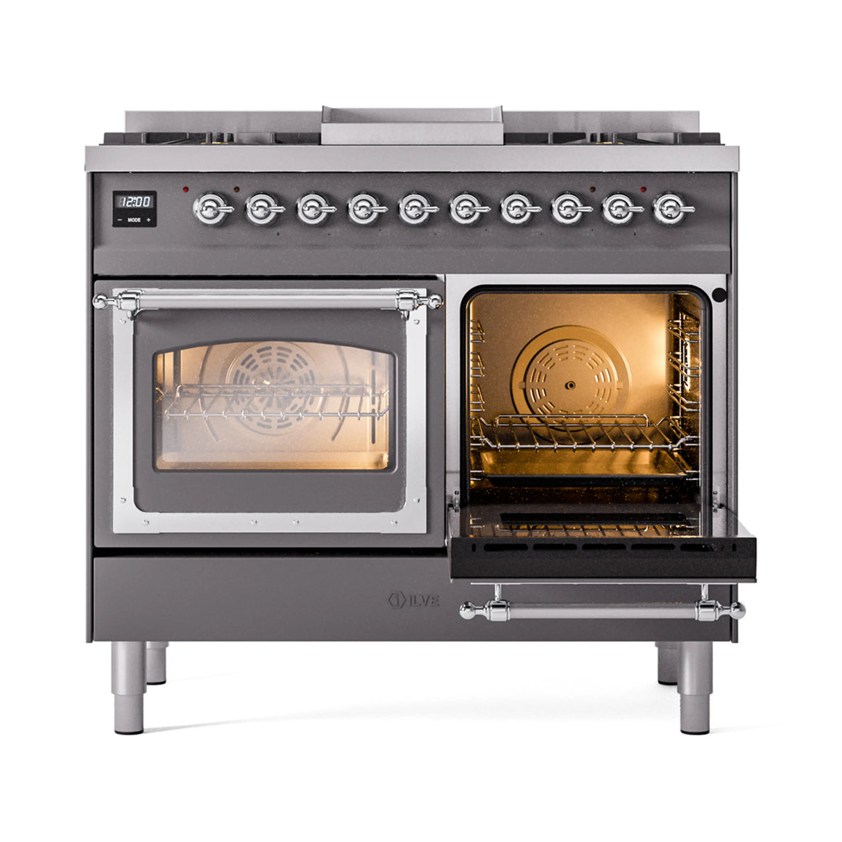 ILVE 40-Inch Nostalgie II Noblesse Propane Gas Dual Fuel Range with Triple Glass Door Oven in Matte Graphite with Chrome Trim (UND40FNMPMGCLP)