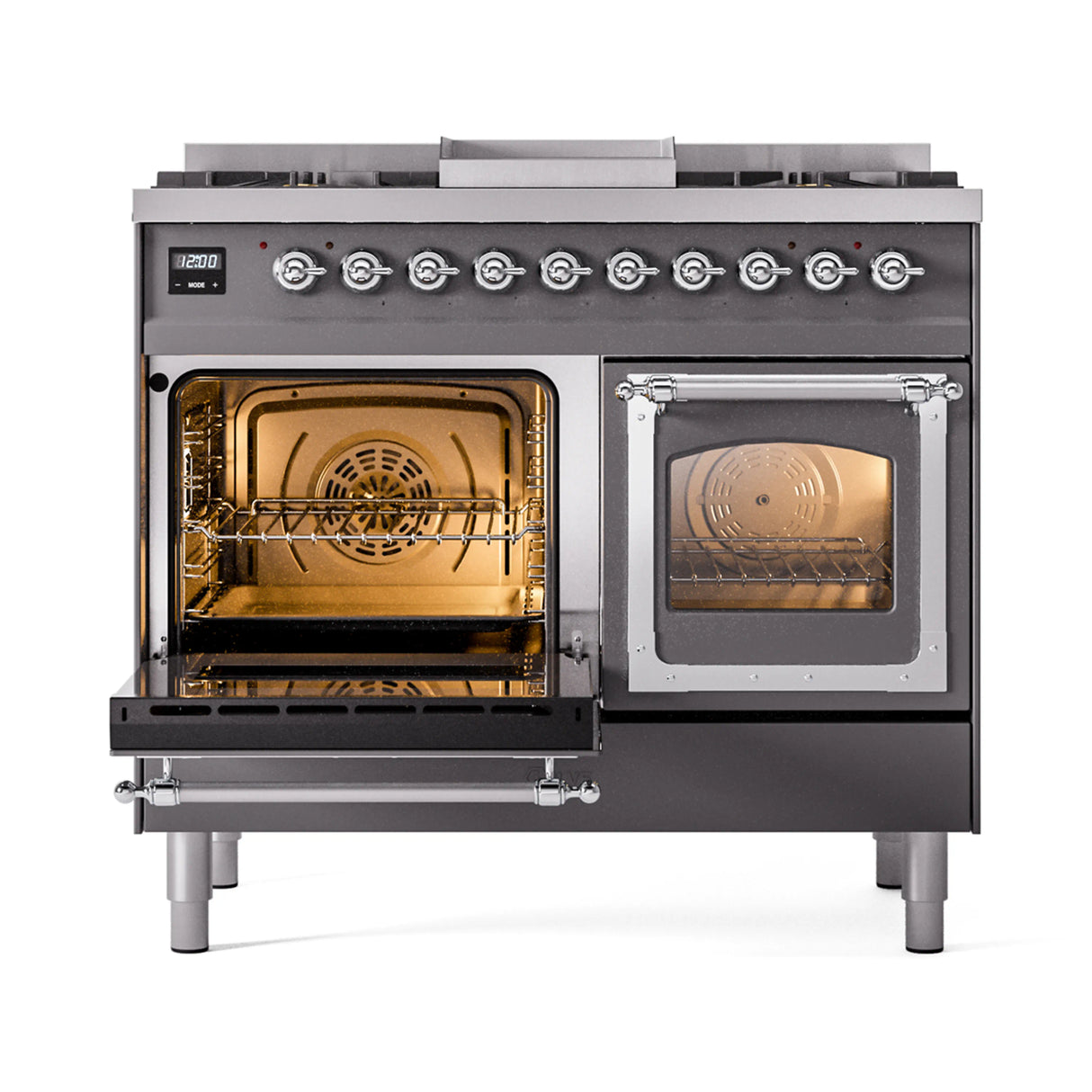 ILVE 40-Inch Nostalgie II Noblesse Propane Gas Dual Fuel Range with Triple Glass Door Oven in Matte Graphite with Chrome Trim (UND40FNMPMGCLP)