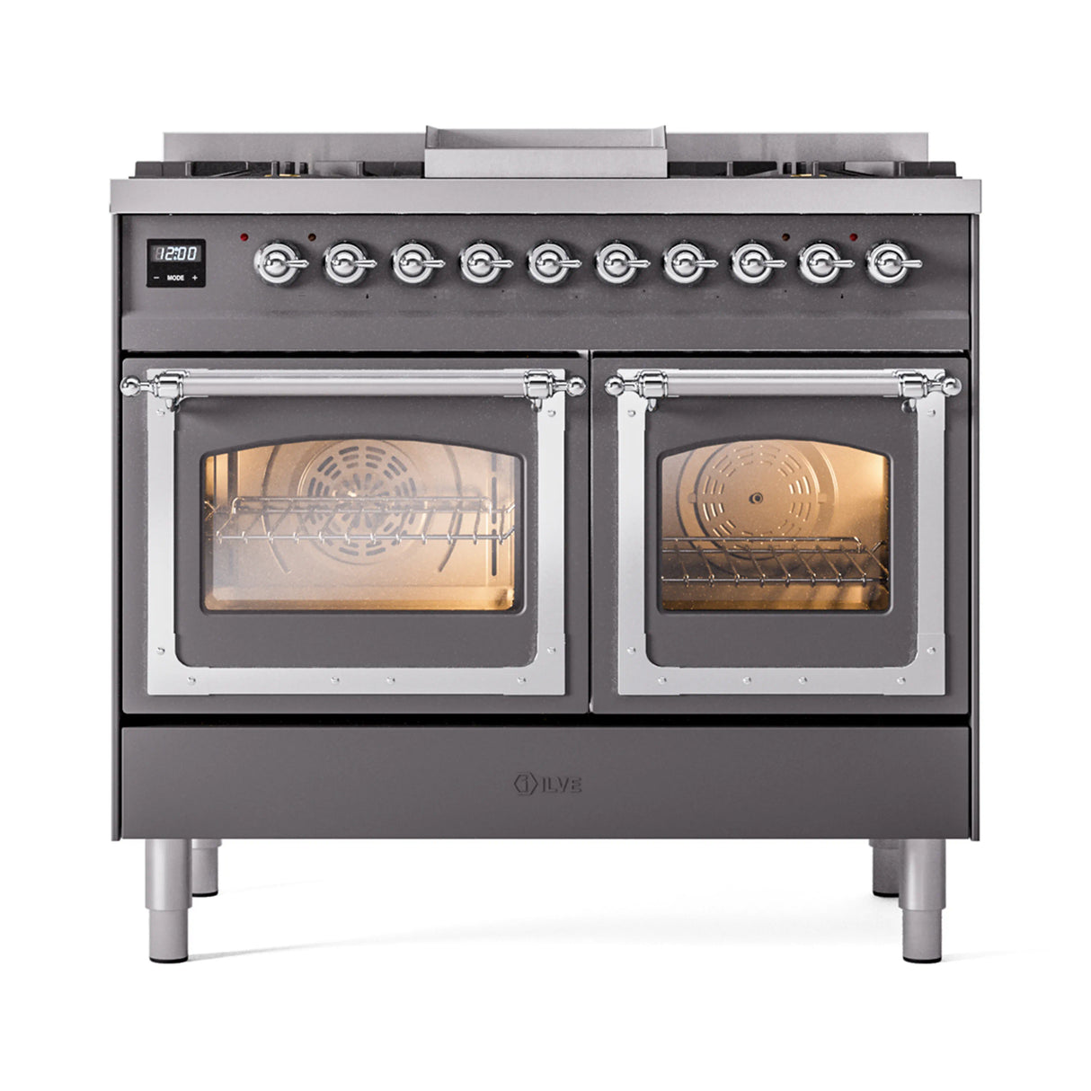 ILVE 40-Inch Nostalgie II Noblesse Propane Gas Dual Fuel Range with Triple Glass Door Oven in Matte Graphite with Chrome Trim (UND40FNMPMGCLP)