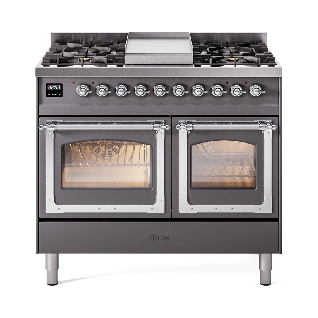 ILVE 40-Inch Nostalgie II Noblesse Propane Gas Dual Fuel Range with Triple Glass Door Oven in Matte Graphite with Chrome Trim (UND40FNMPMGCLP)