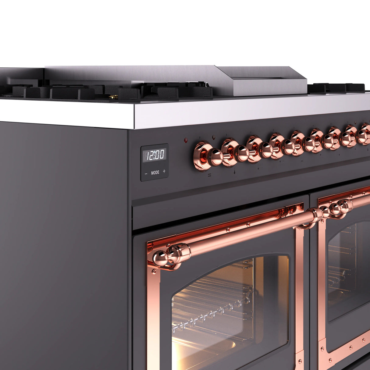 ILVE 40-Inch Nostalgie II Noblesse Natural Gas Dual Fuel Range with Triple Glass Door Oven in Matte Graphite with Copper Trim (UND40FNMPMGP)