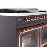 ILVE 40-Inch Nostalgie II Noblesse Natural Gas Dual Fuel Range with Triple Glass Door Oven in Matte Graphite with Copper Trim (UND40FNMPMGP)