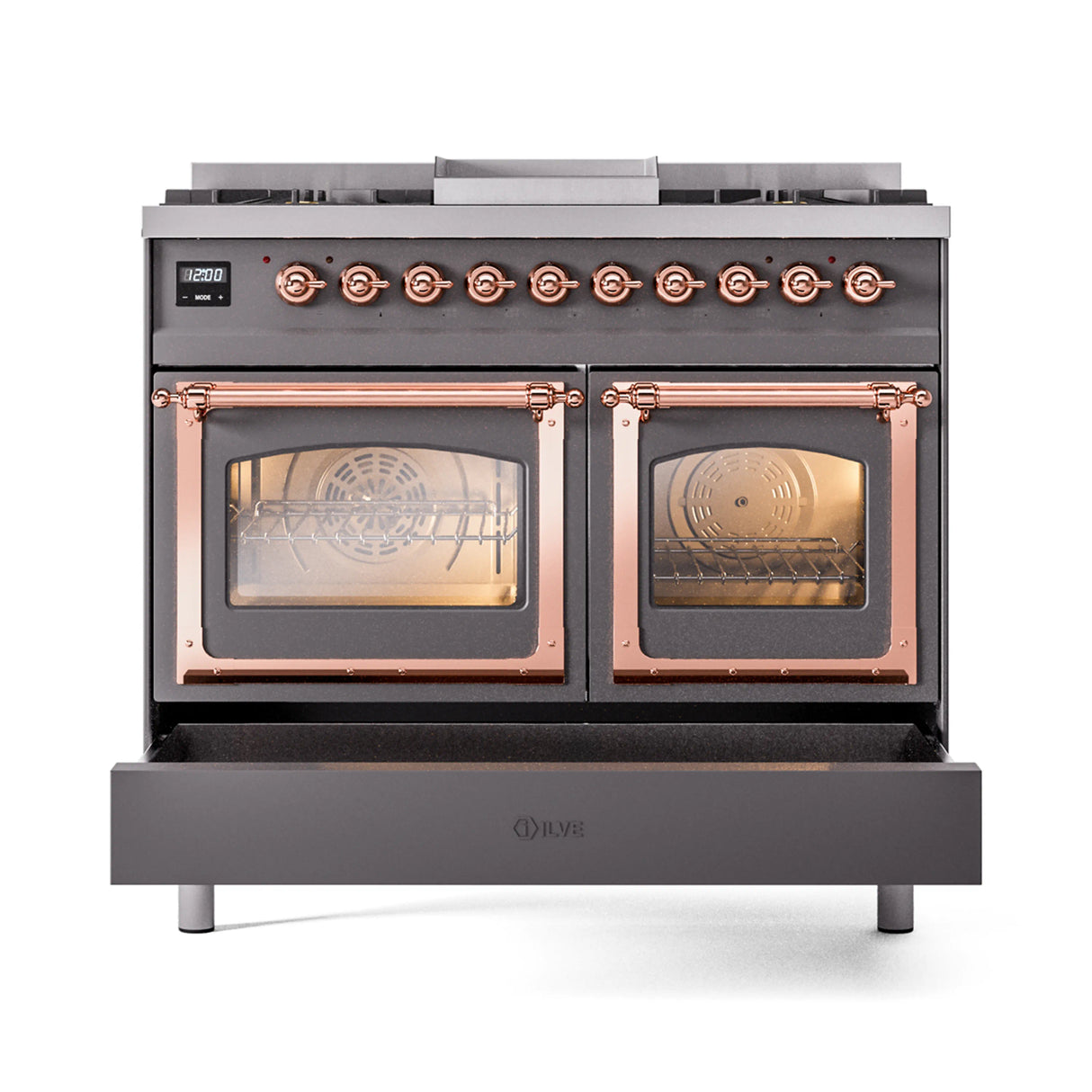 ILVE 40-Inch Nostalgie II Noblesse Natural Gas Dual Fuel Range with Triple Glass Door Oven in Matte Graphite with Copper Trim (UND40FNMPMGP)