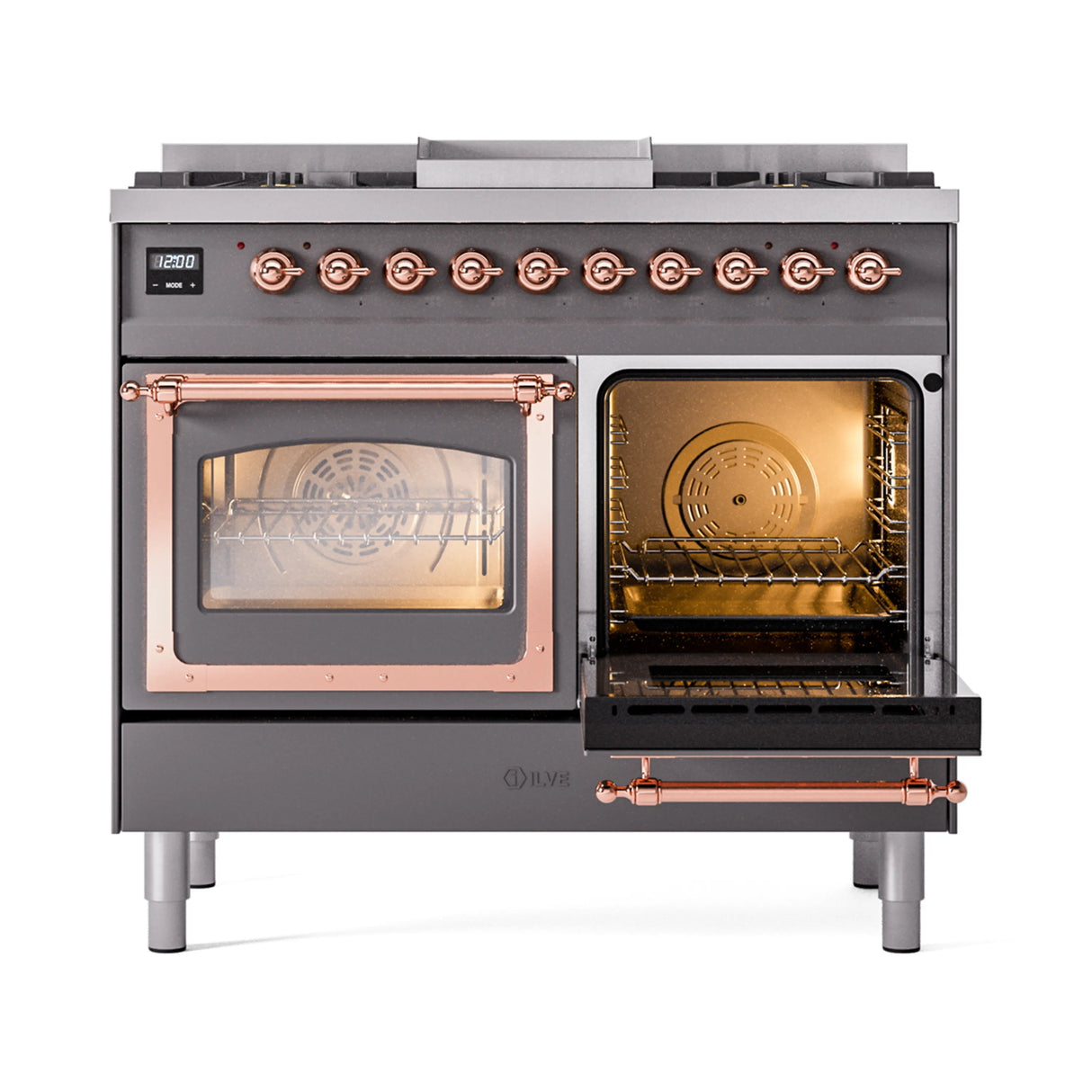 ILVE 40-Inch Nostalgie II Noblesse Natural Gas Dual Fuel Range with Triple Glass Door Oven in Matte Graphite with Copper Trim (UND40FNMPMGP)