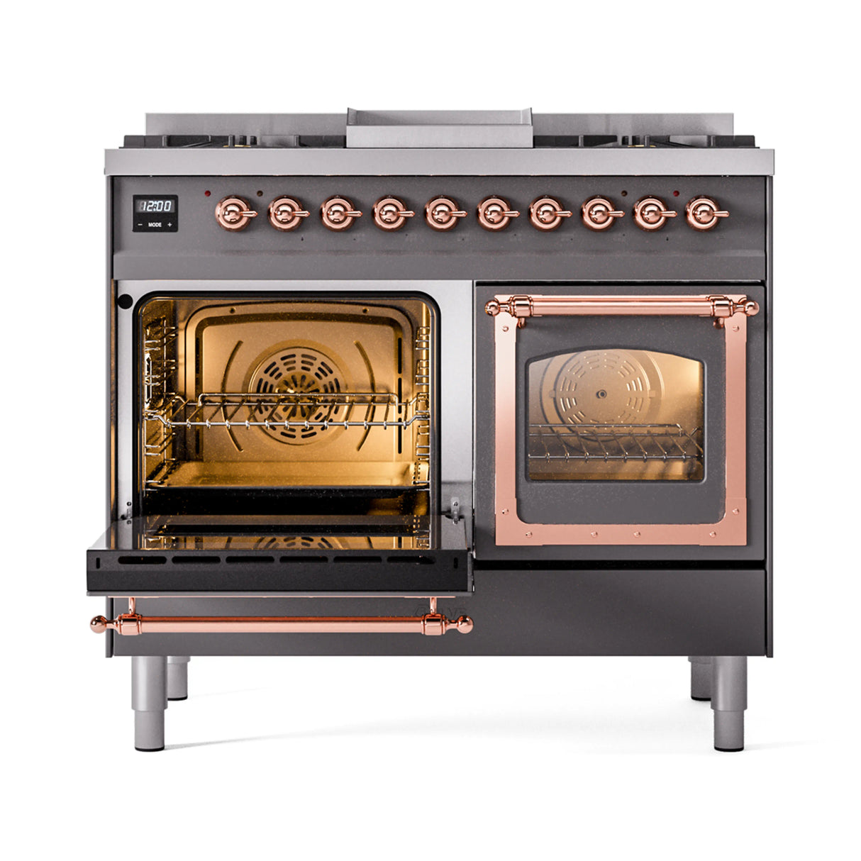 ILVE 40-Inch Nostalgie II Noblesse Natural Gas Dual Fuel Range with Triple Glass Door Oven in Matte Graphite with Copper Trim (UND40FNMPMGP)