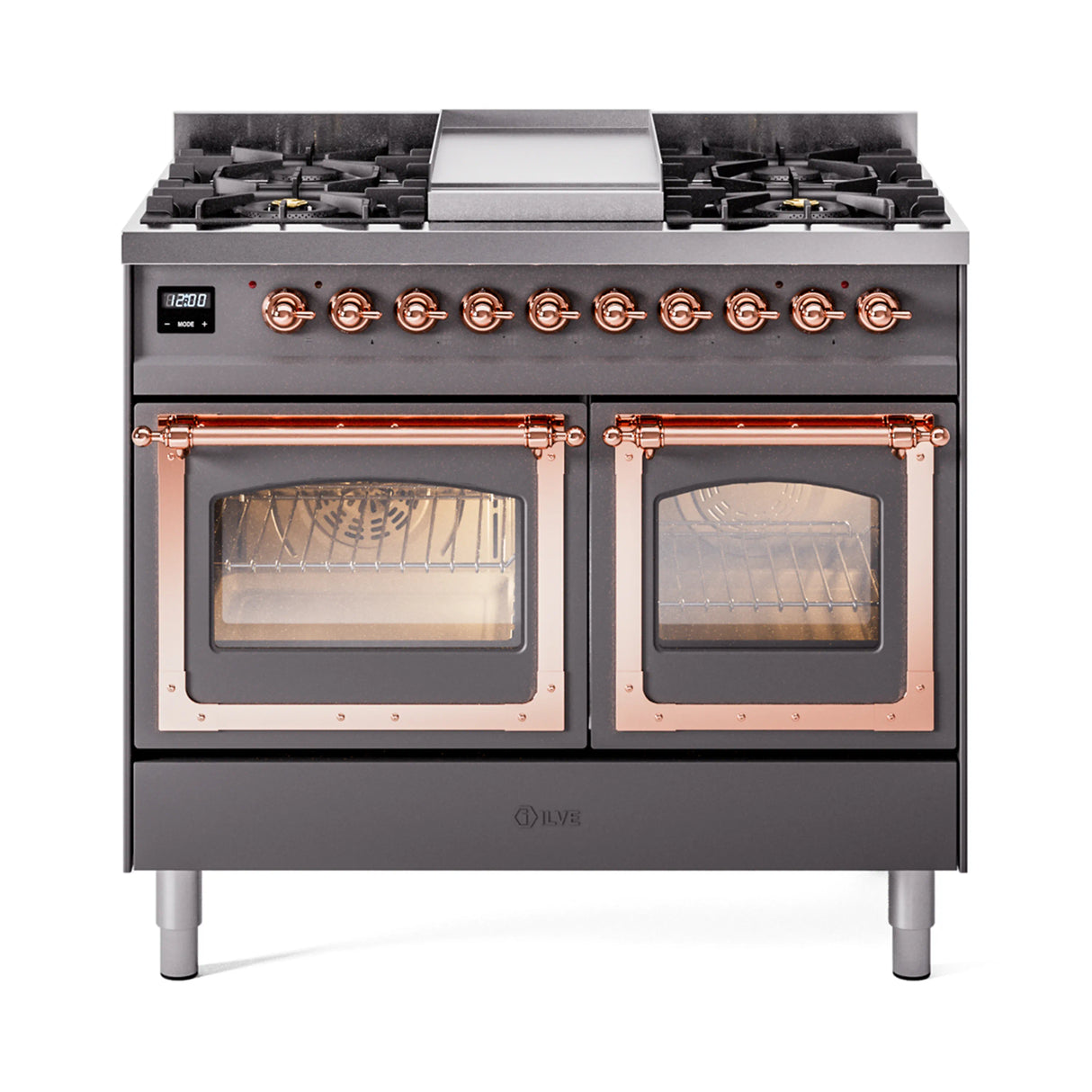 ILVE 40-Inch Nostalgie II Noblesse Natural Gas Dual Fuel Range with Triple Glass Door Oven in Matte Graphite with Copper Trim (UND40FNMPMGP)