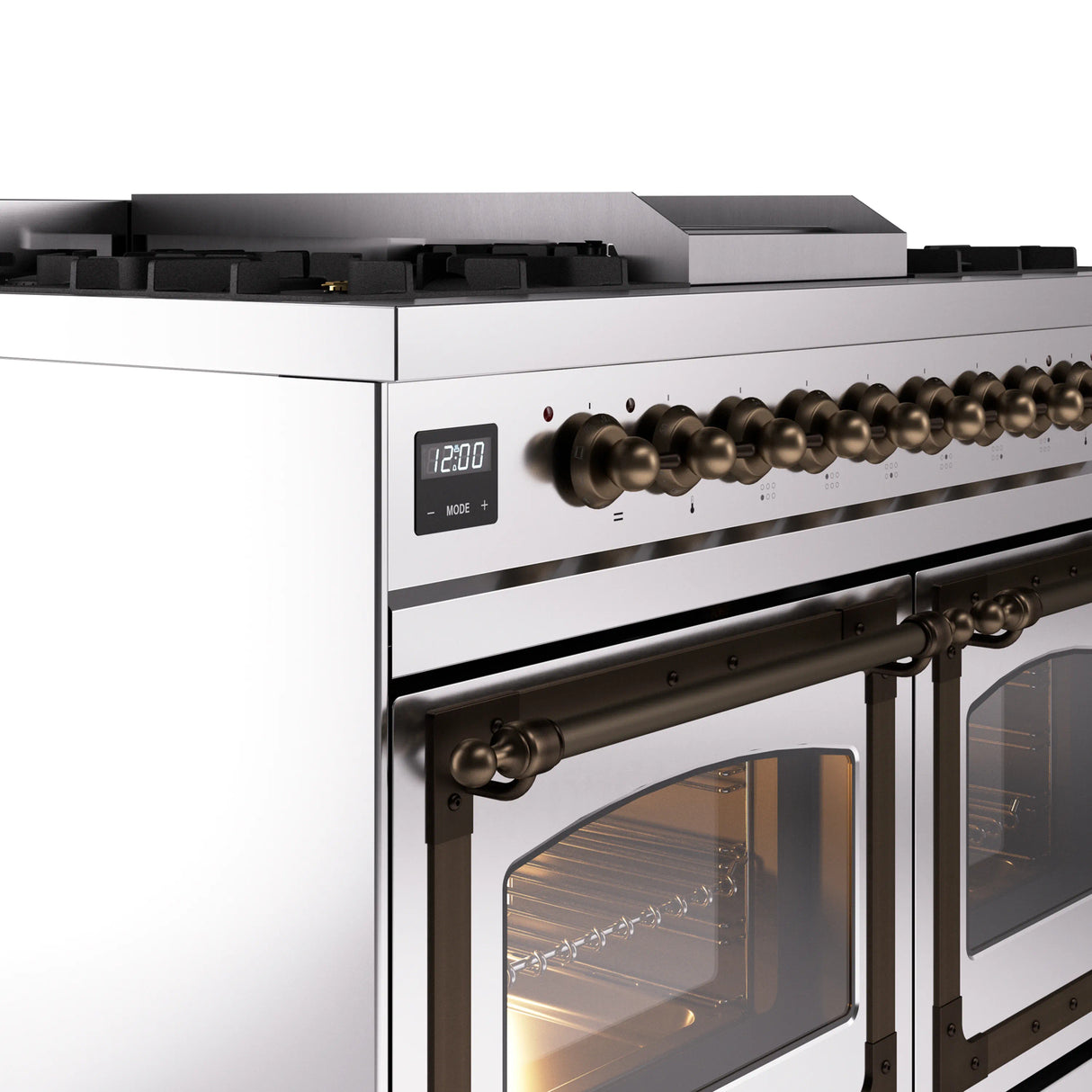 ILVE 40-Inch Nostalgie II Noblesse Propane Gas Dual Fuel Range with Triple Glass Door Oven in Stainless Steel with Bronze Trim (UND40FNMPSSBLP)
