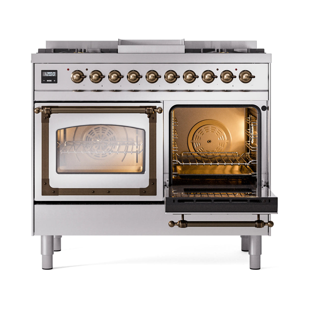 ILVE 40-Inch Nostalgie II Noblesse Propane Gas Dual Fuel Range with Triple Glass Door Oven in Stainless Steel with Bronze Trim (UND40FNMPSSBLP)