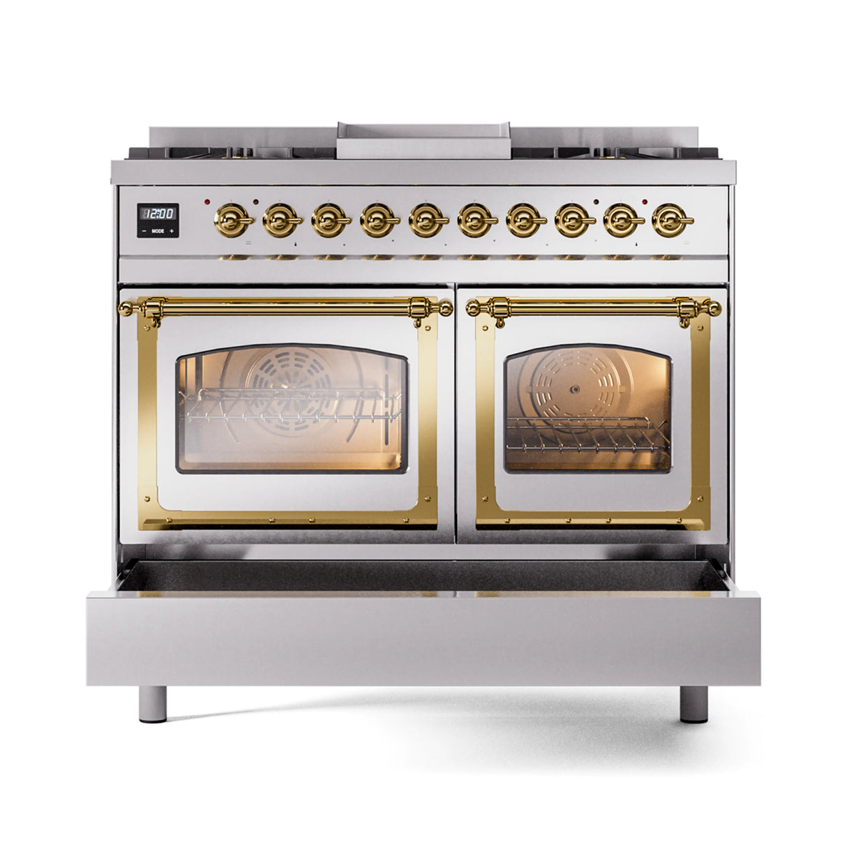 ILVE 40-Inch Nostalgie II Noblesse Propane Gas Dual Fuel Range with Triple Glass Door Oven in Stainless Steel with Brass Trim (UND40FNMPSSGLP)