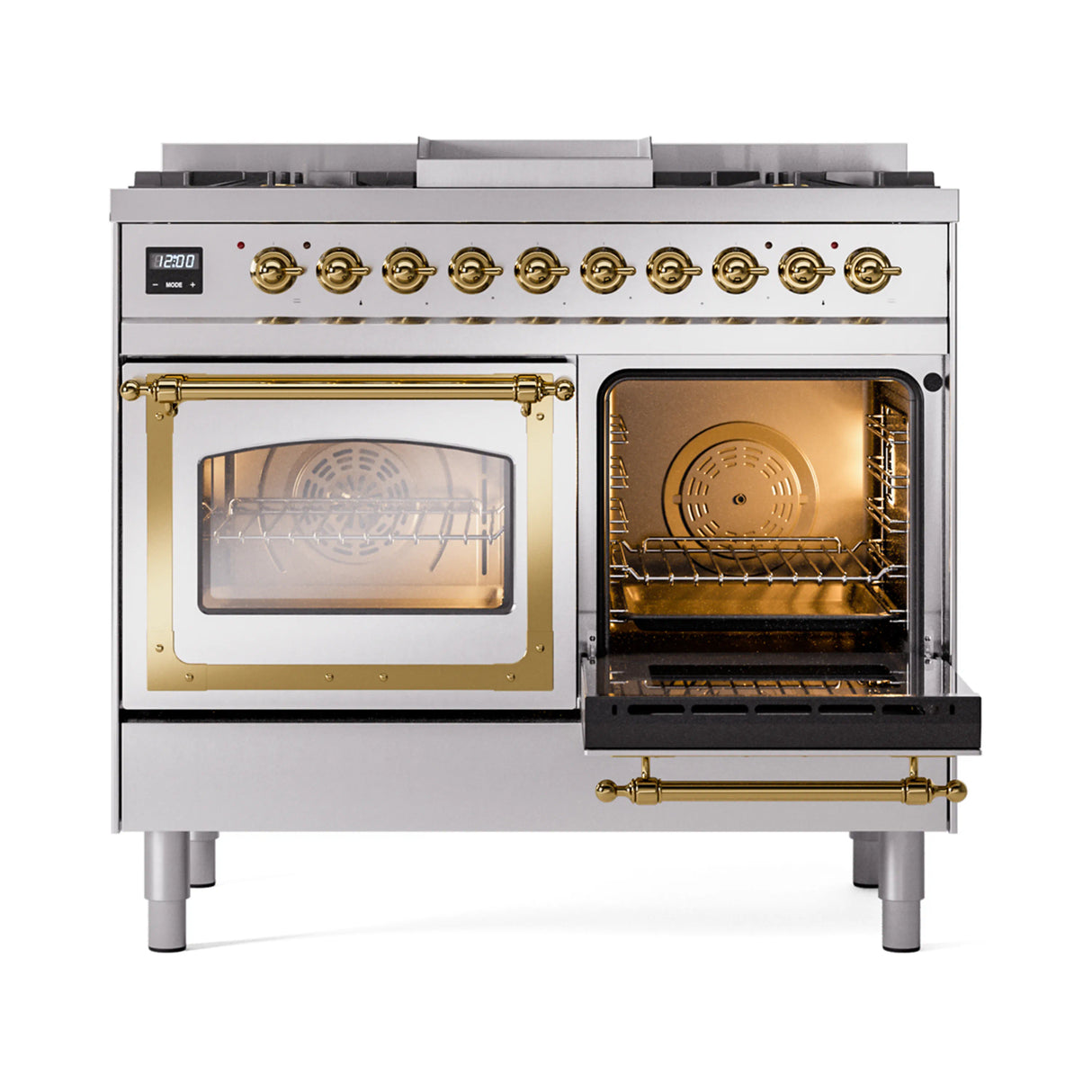 ILVE 40-Inch Nostalgie II Noblesse Propane Gas Dual Fuel Range with Triple Glass Door Oven in Stainless Steel with Brass Trim (UND40FNMPSSGLP)