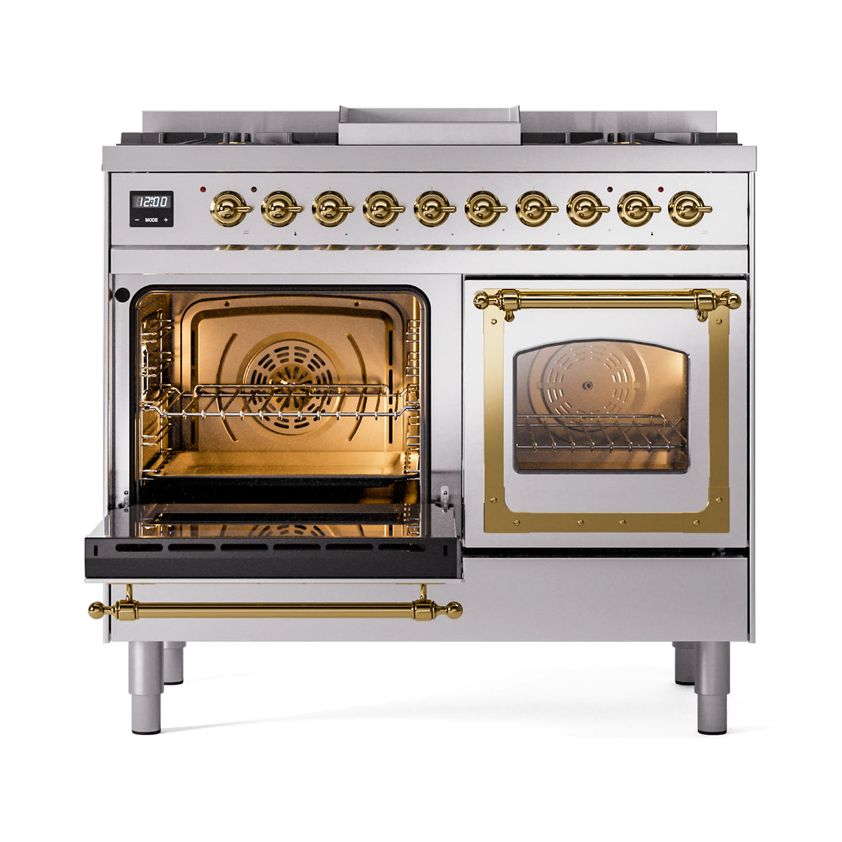 ILVE 40-Inch Nostalgie II Noblesse Propane Gas Dual Fuel Range with Triple Glass Door Oven in Stainless Steel with Brass Trim (UND40FNMPSSGLP)