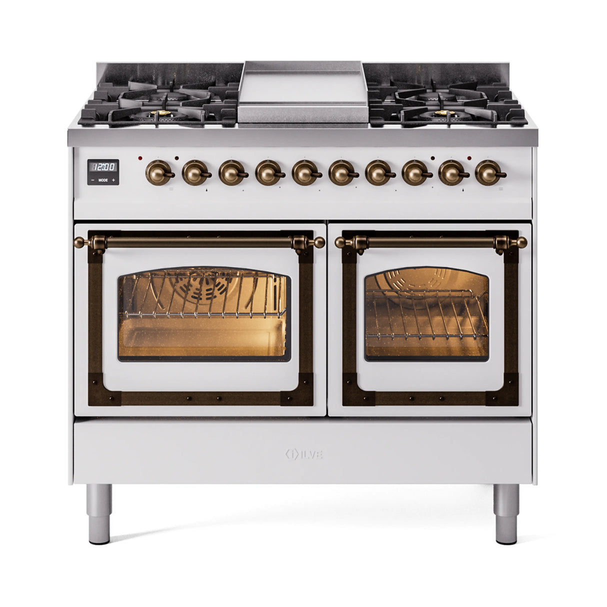 ILVE 40-Inch Nostalgie II Noblesse Natural Gas Dual Fuel Range with Triple Glass Door Oven in White with Bronze Trim (UND40FNMPWHB)