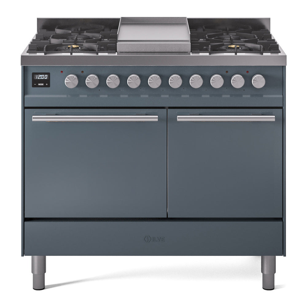ILVE 40-inch Professional Plus II Natural Gas Dual Fuel Range with Solid Door Oven in Blue Grey (UPD40FQMPBG)