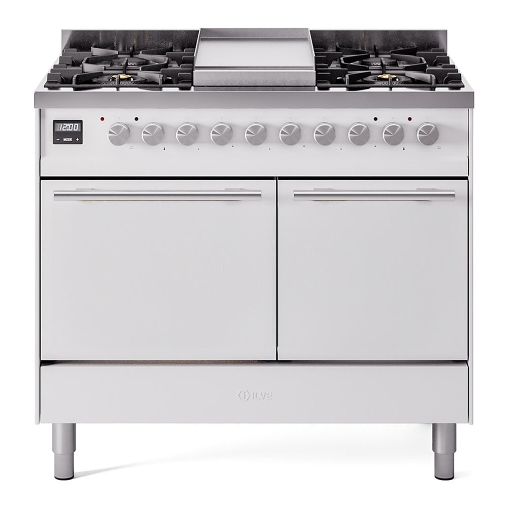ILVE 40-inch Professional Plus II Natural Gas Dual Fuel Range with Solid Door Oven in White (UPD40FQMPWH)