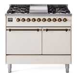 ILVE 40-Inch Nostalgie II Natural Gas Dual Fuel Range with 6 Burners, Griddle and Solid Door Oven in Antique White with Bronze Trim (UPD40FQNMPAWB)
