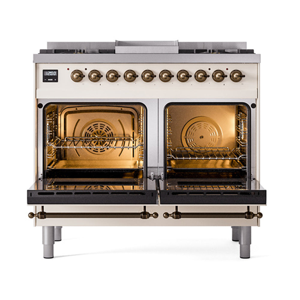 ILVE 40-Inch Nostalgie II Natural Gas Dual Fuel Range with 6 Burners, Griddle and Solid Door Oven in Antique White with Bronze Trim (UPD40FQNMPAWB)