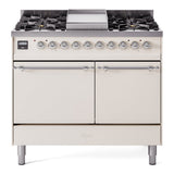 ILVE 40-Inch Nostalgie II Natural Gas Dual Fuel Range with 6 Burners, Griddle and Solid Door Oven in Antique White with Chrome Trim (UPD40FQNMPAWC)