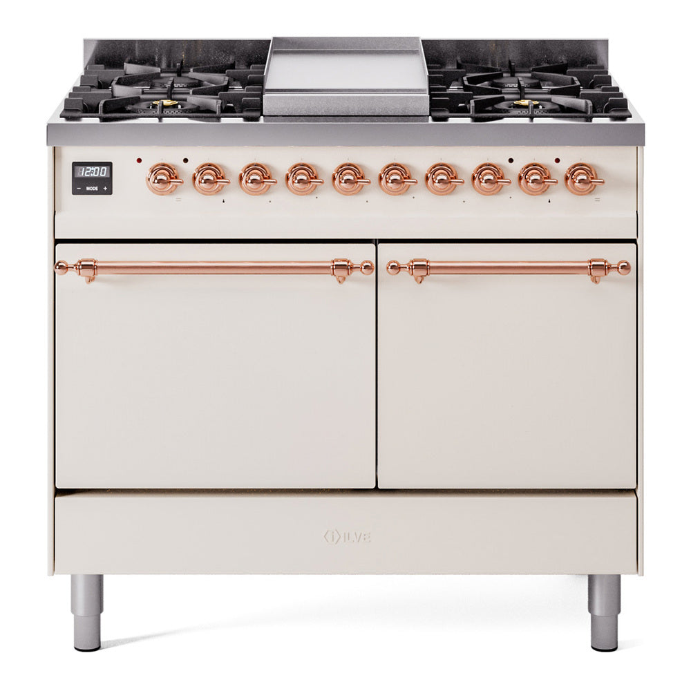 ILVE 40-Inch Nostalgie II Natural Gas Dual Fuel Range with 6 Burners, Griddle and Solid Door Oven in Antique White with Copper Trim (UPD40FQNMPAWP)