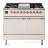ILVE 40-Inch Nostalgie II Natural Gas Dual Fuel Range with 6 Burners, Griddle and Solid Door Oven in Antique White with Copper Trim (UPD40FQNMPAWP)