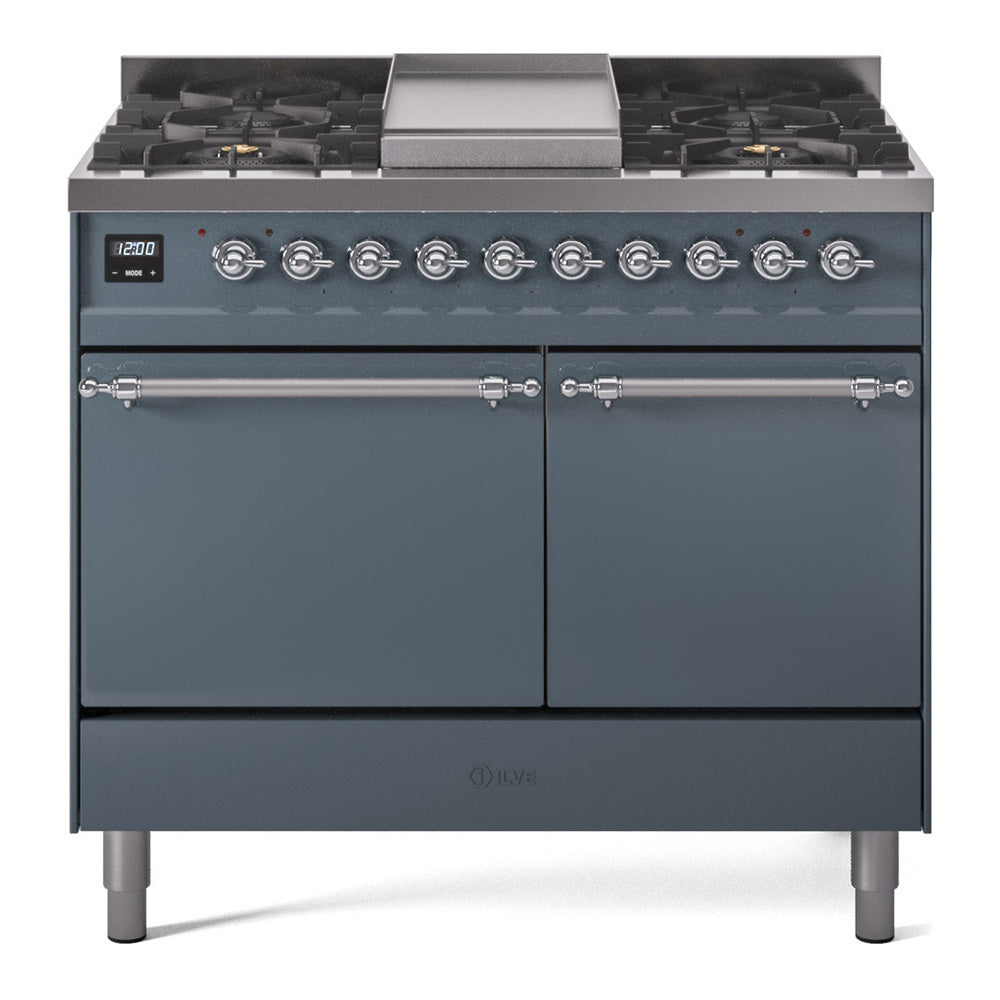 ILVE 40-Inch Nostalgie II Propane Gas Dual Fuel Range with 6 Burners, Griddle and Solid Door Oven in Blue Grey with Chrome Trim (UPD40FQNMPBGCLP)