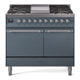 ILVE 40-Inch Nostalgie II Propane Gas Dual Fuel Range with 6 Burners, Griddle and Solid Door Oven in Blue Grey with Chrome Trim (UPD40FQNMPBGCLP)