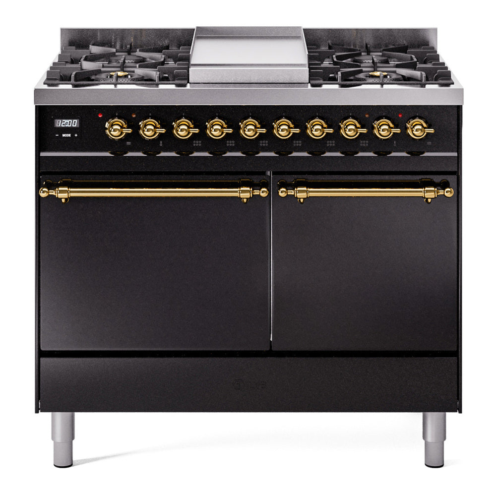 ILVE 40-Inch Nostalgie II Natural Gas Dual Fuel Range with 6 Burners, Griddle and Solid Door Oven in Glossy Black with Brass Trim (UPD40FQNMPBKG)