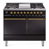 ILVE 40-Inch Nostalgie II Natural Gas Dual Fuel Range with 6 Burners, Griddle and Solid Door Oven in Glossy Black with Brass Trim (UPD40FQNMPBKG)