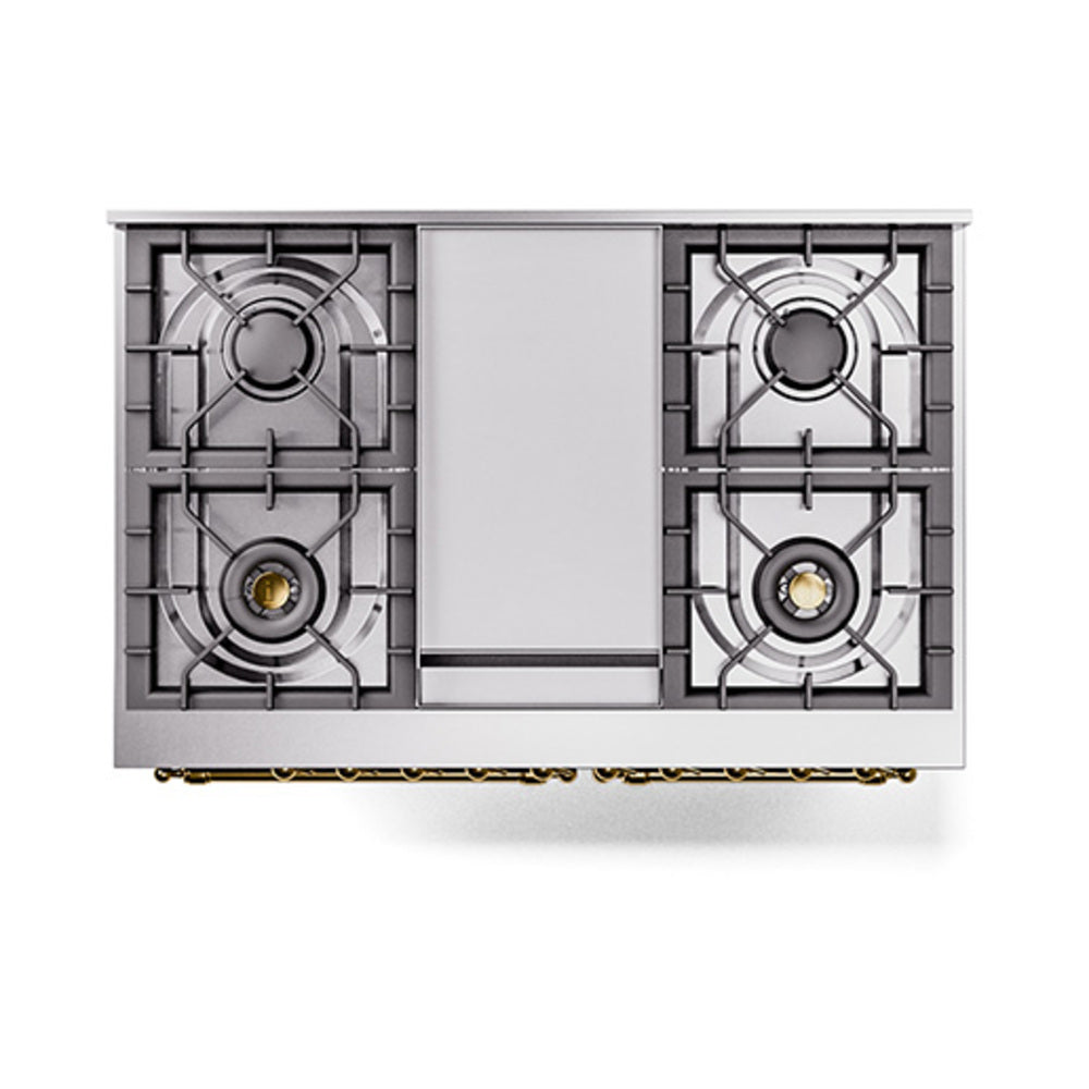 ILVE 40-Inch Nostalgie II Natural Gas Dual Fuel Range with 6 Burners, Griddle and Solid Door Oven in Glossy Black with Brass Trim (UPD40FQNMPBKG)