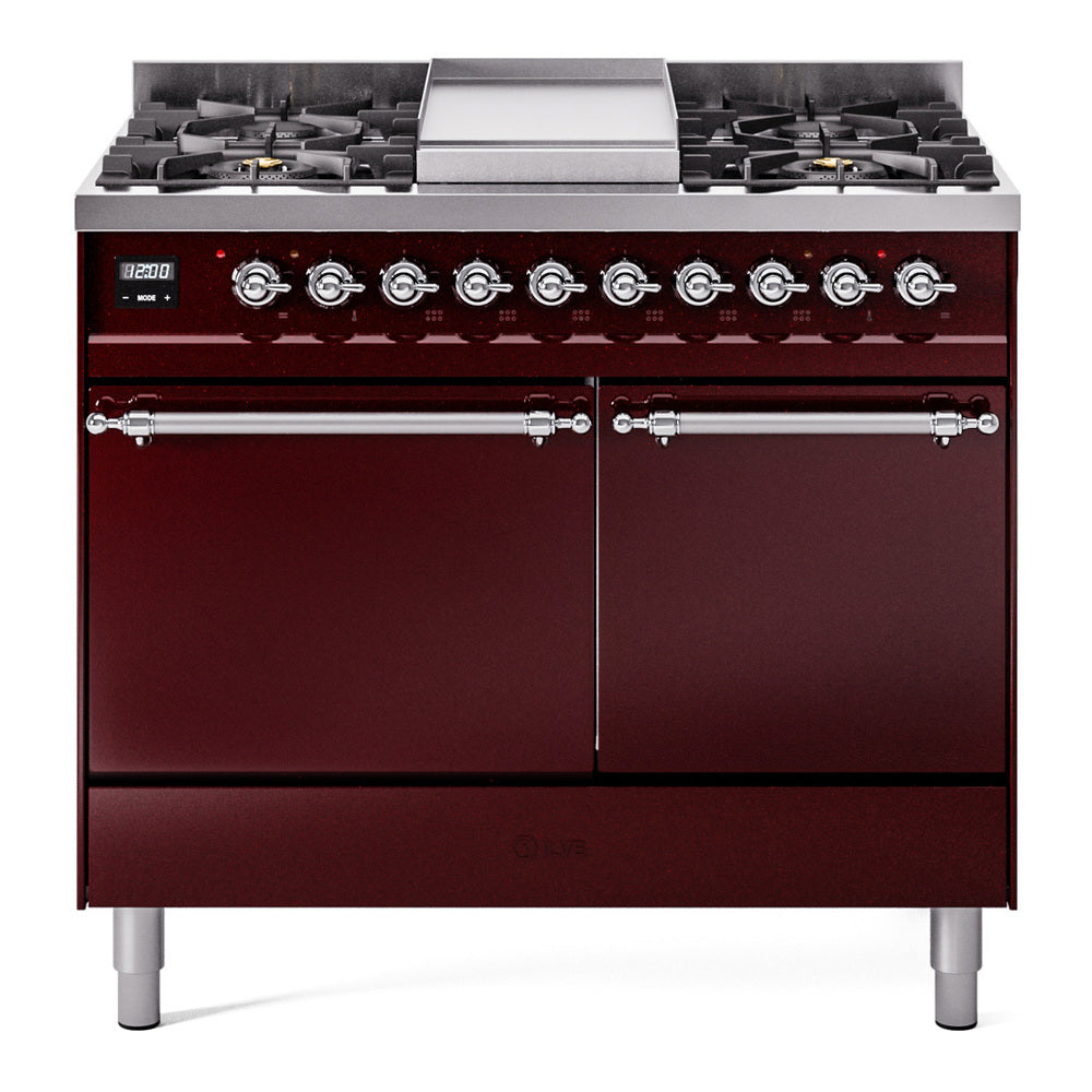 ILVE 40-Inch Nostalgie II Natural Gas Dual Fuel Range with 6 Burners, Griddle and Solid Door Oven in Burgundy with Chrome Trim (UPD40FQNMPBUC)