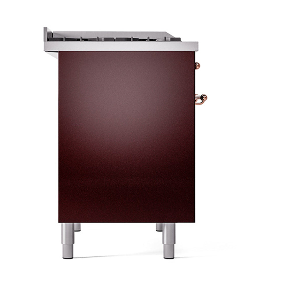 ILVE 40-Inch Nostalgie II Natural Gas Dual Fuel Range with 6 Burners, Griddle and Solid Door Oven in Burgundy with Copper Trim (UPD40FQNMPBUP)