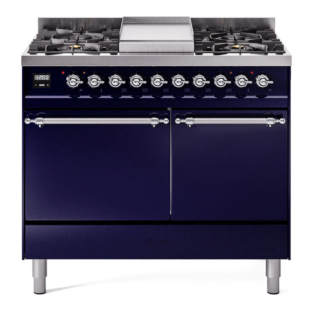 ILVE 40-Inch Nostalgie II Propane Gas Dual Fuel Range with 6 Burners, Griddle and Solid Door Oven in Midnight Blue with Chrome Trim (UPD40FQNMPMBCLP)