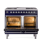 ILVE 40-Inch Nostalgie II Propane Gas Dual Fuel Range with 6 Burners, Griddle and Solid Door Oven in Midnight Blue with Chrome Trim (UPD40FQNMPMBCLP)