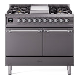 ILVE 40-Inch Nostalgie II Propane Gas Dual Fuel Range with 6 Burners, Griddle and Solid Door Oven in Matte Graphite in Chrome Trim (UPD40FQNMPMGCLP)