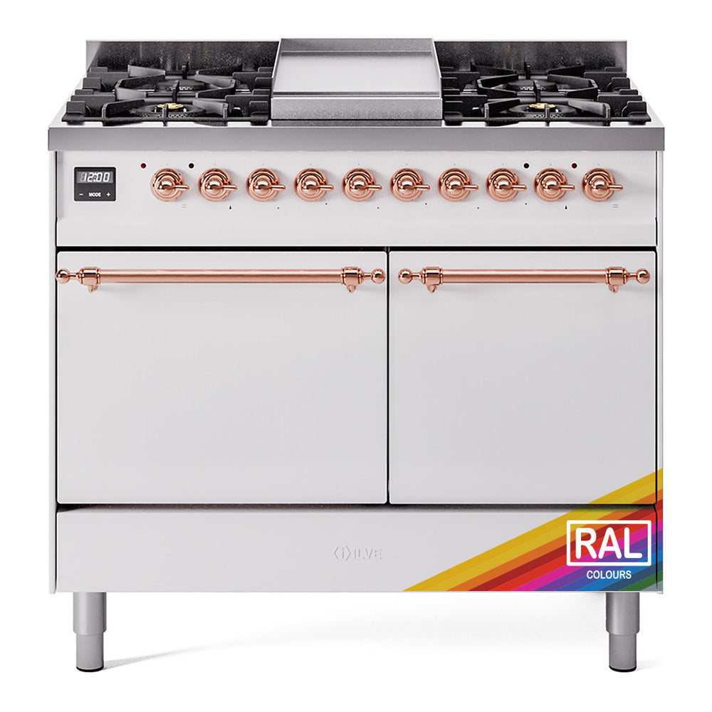 ILVE 40-Inch Nostalgie II Natural Gas Dual Fuel Range with 6 Burners, Griddle and Solid Door Oven in Custom RAL with Copper Trim (UPD40FQNMPRAP)