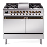 ILVE 40-Inch Nostalgie II Propane Gas Dual Fuel Range with 6 Burners, Griddle and Solid Door Oven in Stainless Steel with Bronze Trim(UPD40FQNMPSSBLP)