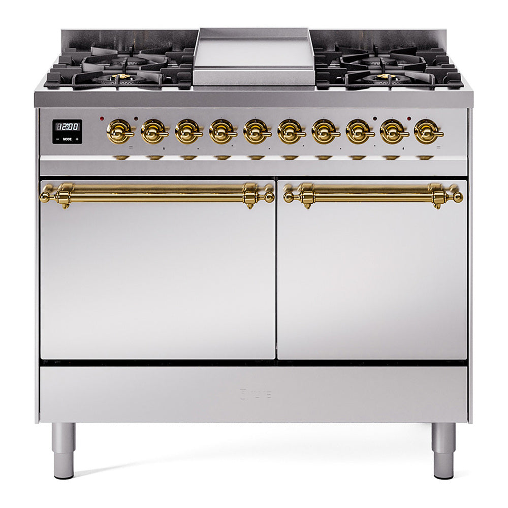 ILVE 40-Inch Nostalgie II Natural Gas Dual Fuel Range with 6 Burners, Griddle and Solid Door Oven in Stainless Steel with Brass Trim (UPD40FQNMPSSG)