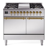 ILVE 40-Inch Nostalgie II Natural Gas Dual Fuel Range with 6 Burners, Griddle and Solid Door Oven in Stainless Steel with Brass Trim (UPD40FQNMPSSG)