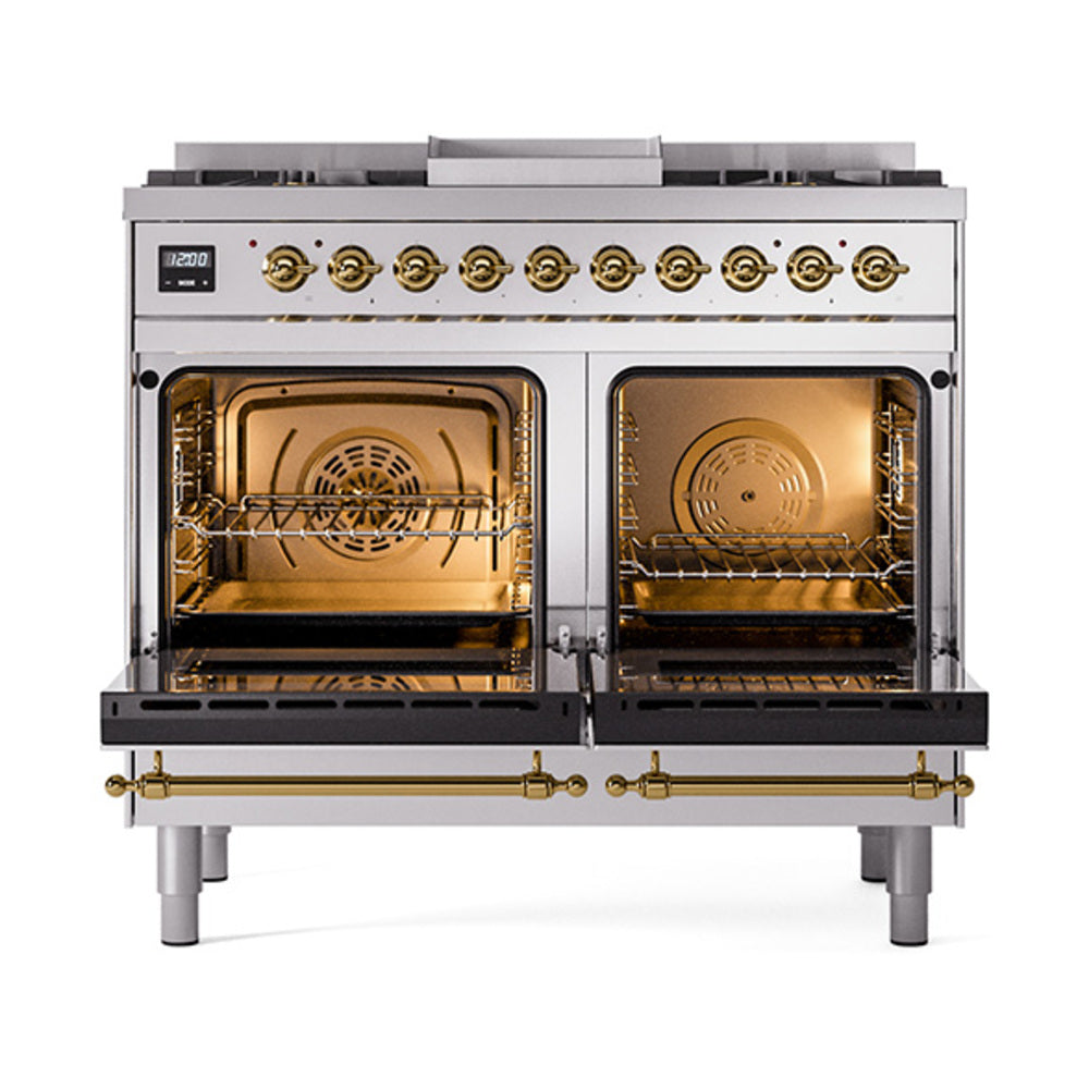 ILVE 40-Inch Nostalgie II Natural Gas Dual Fuel Range with 6 Burners, Griddle and Solid Door Oven in Stainless Steel with Brass Trim (UPD40FQNMPSSG)