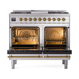 ILVE 40-Inch Nostalgie II Propane Gas Dual Fuel Range with 6 Burners, Griddle and Solid Door Oven in Stainless Steel with Brass Trim (UPD40FQNMPSSGLP)