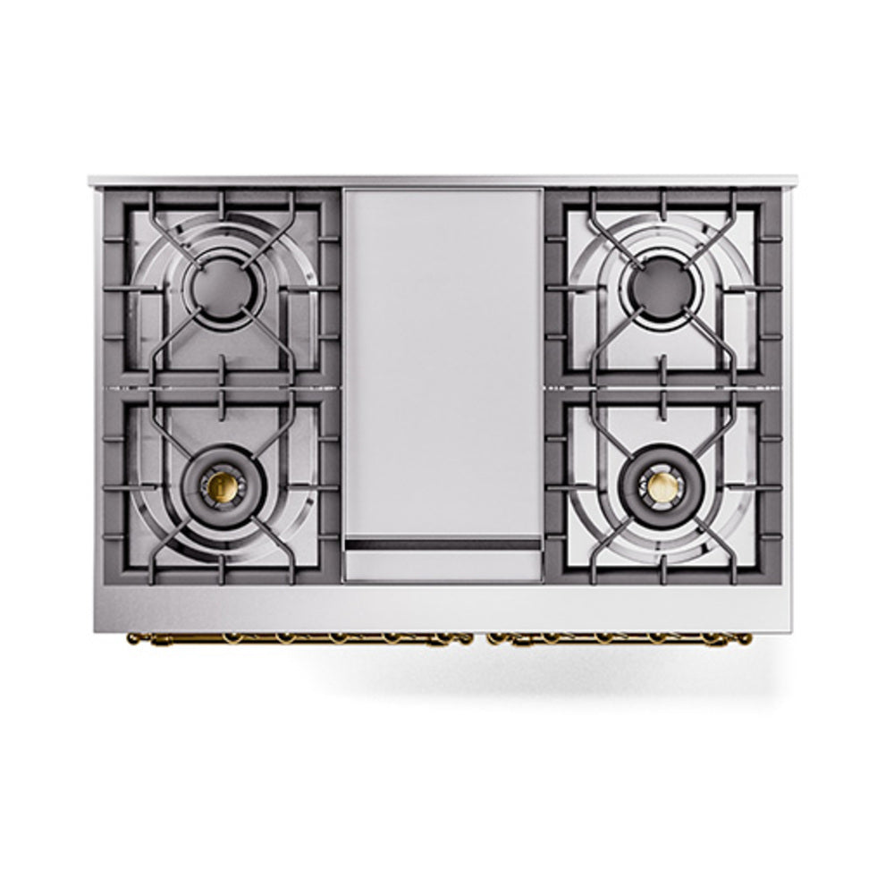ILVE 40-Inch Nostalgie II Propane Gas Dual Fuel Range with 6 Burners, Griddle and Solid Door Oven in Stainless Steel with Brass Trim (UPD40FQNMPSSGLP)
