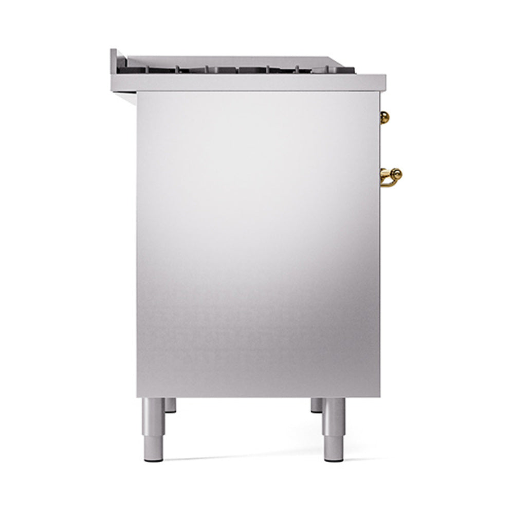 ILVE 40-Inch Nostalgie II Natural Gas Dual Fuel Range with 6 Burners, Griddle and Solid Door Oven in Stainless Steel with Brass Trim (UPD40FQNMPSSG)