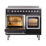 ILVE 40-Inch Nostalgie II Noblesse Induction Range with Triple Glass Door in Glossy Black with Chrome Trim (UNDI406NMPBKC)