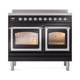 ILVE 40-Inch Nostalgie II Noblesse Induction Range with Triple Glass Door in Glossy Black with Chrome Trim (UNDI406NMPBKC)