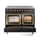 ILVE 40-Inch Nostalgie II Noblesse Induction Range with Triple Glass Door in Glossy Black with Brass Trim (UNDI406NMPBKG)