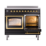 ILVE 40-Inch Nostalgie II Noblesse Induction Range with Triple Glass Door in Glossy Black with Brass Trim (UNDI406NMPBKG)